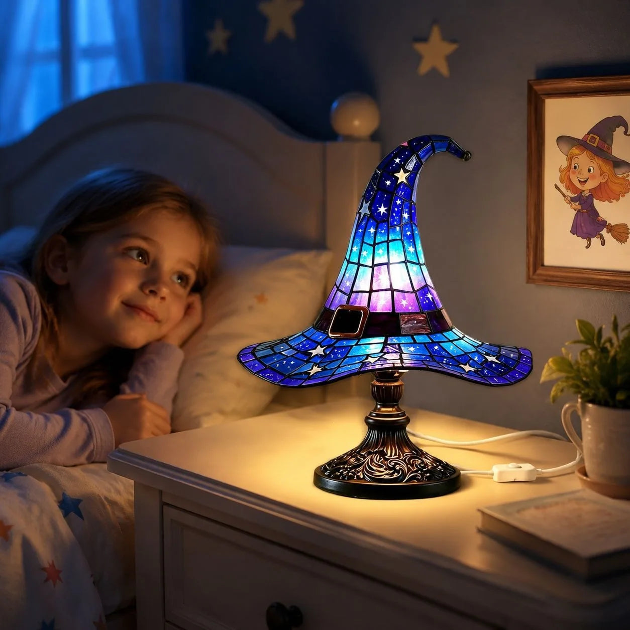 Stained Glass Witch Hat Lamp | Cozy Halloween LED Decor