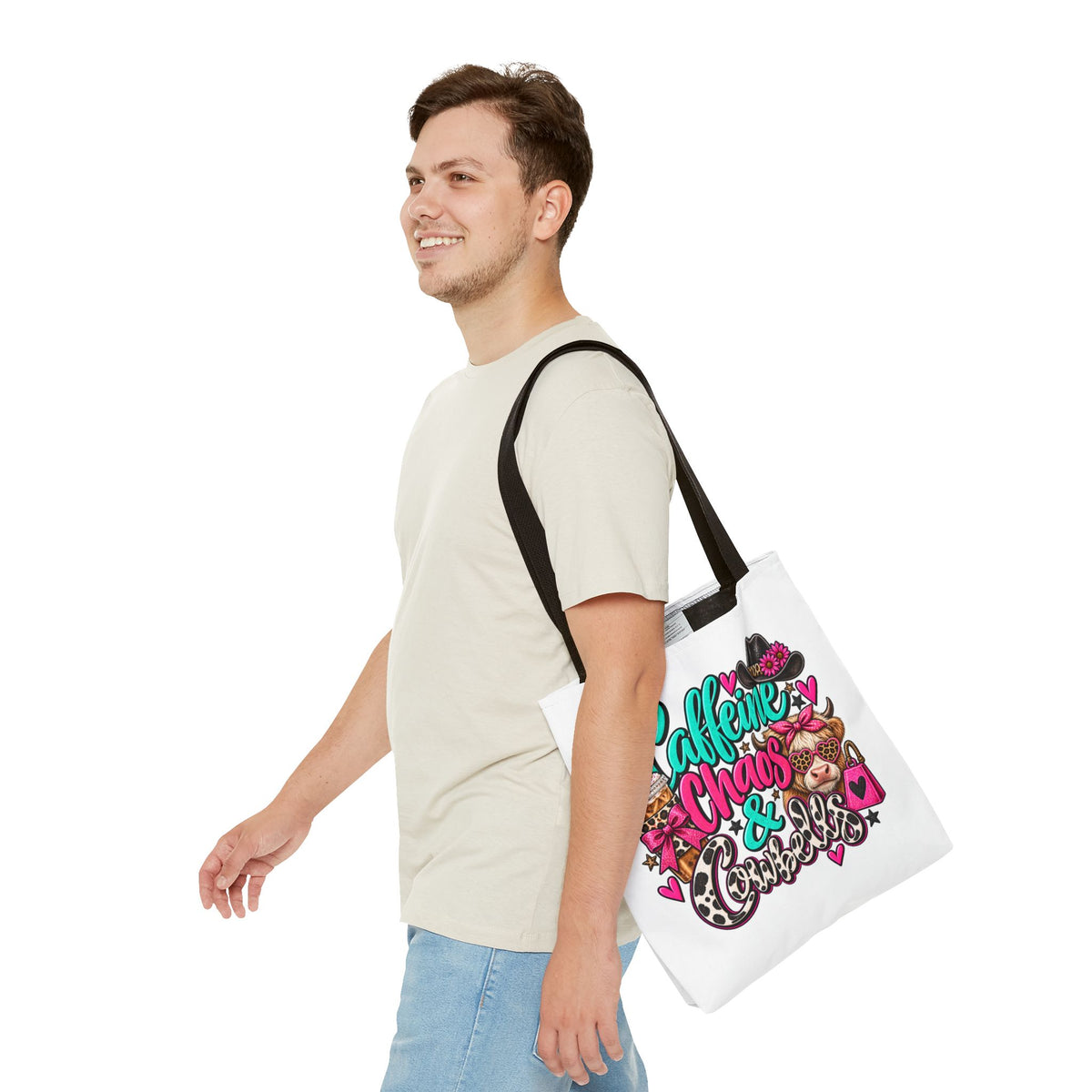 Caffeine Chaos & Cowbells Tote Bag | Funny Western Cow Print Bag