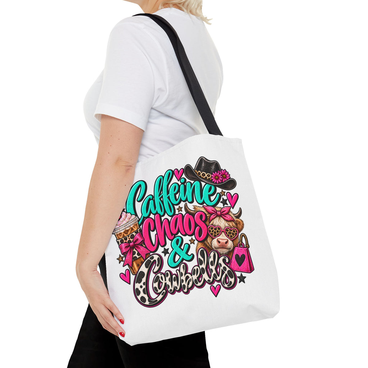 Caffeine Chaos & Cowbells Tote Bag | Funny Western Cow Print Bag