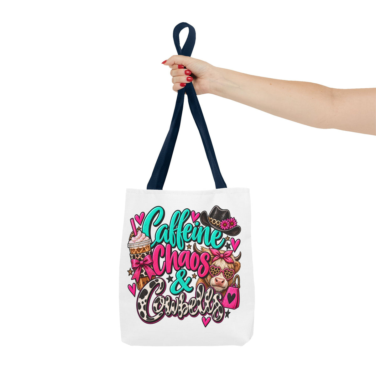Caffeine Chaos & Cowbells Tote Bag | Funny Western Cow Print Bag