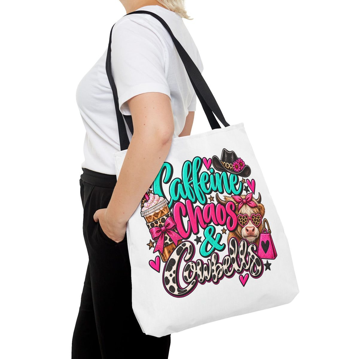 Caffeine Chaos & Cowbells Tote Bag | Funny Western Cow Print Bag