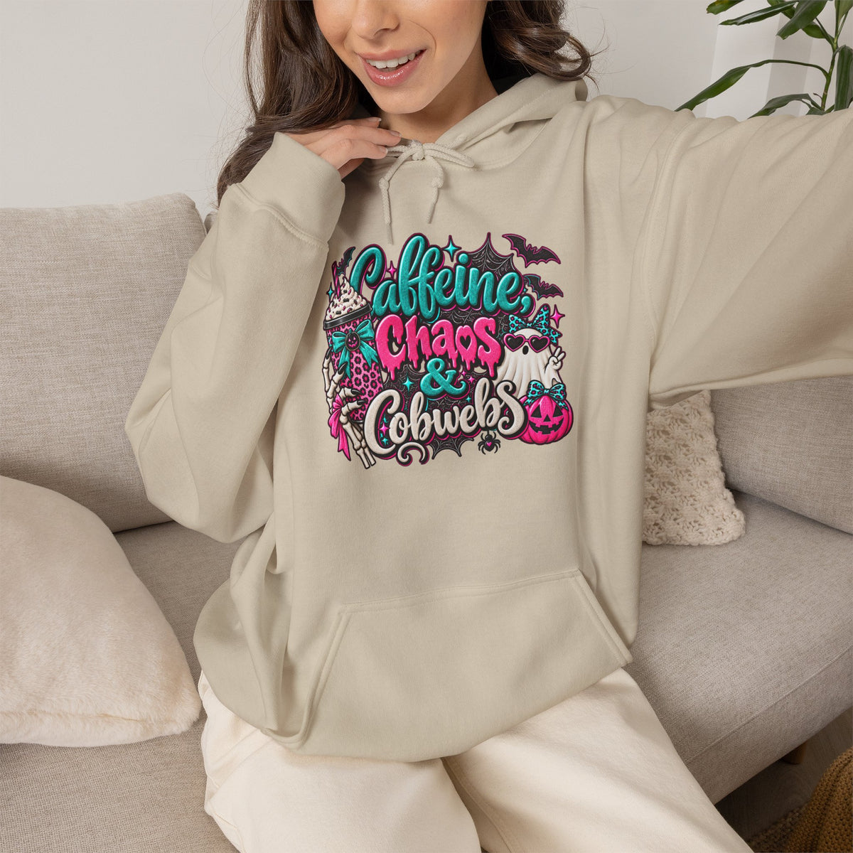 Caffeine Chaos & Cowbells Hoodie | Funny Cow Print Western Sweatshirt