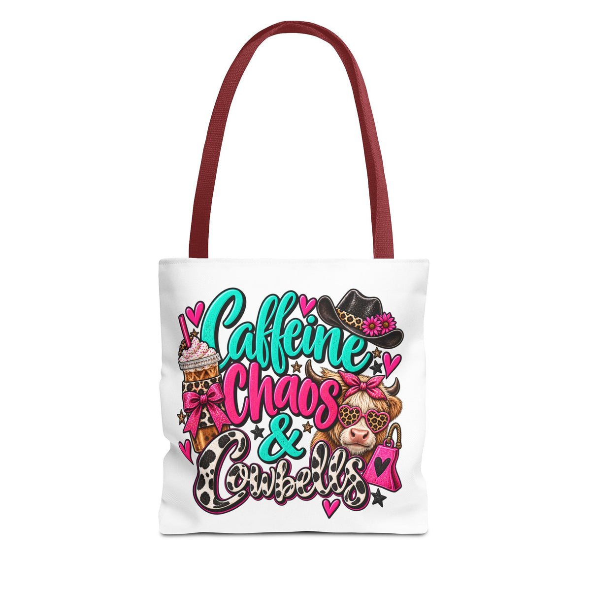 Caffeine Chaos & Cowbells Tote Bag | Funny Western Cow Print Bag