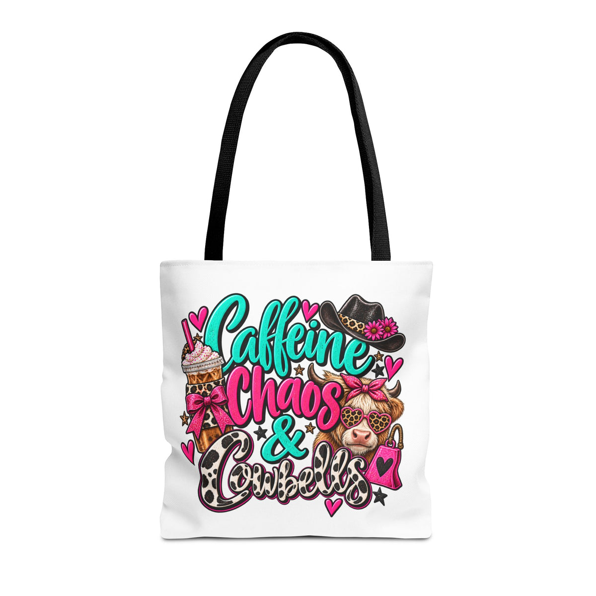 Caffeine Chaos & Cowbells Tote Bag | Funny Western Cow Print Bag