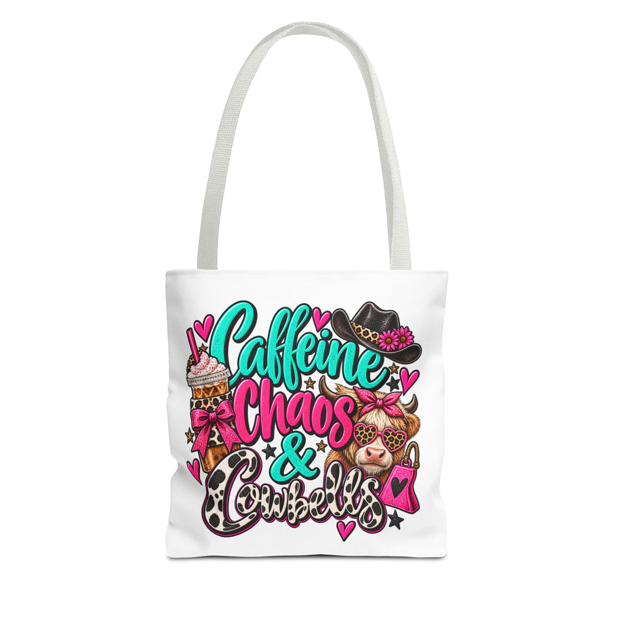 Caffeine Chaos & Cowbells Tote Bag | Funny Western Cow Print Bag
