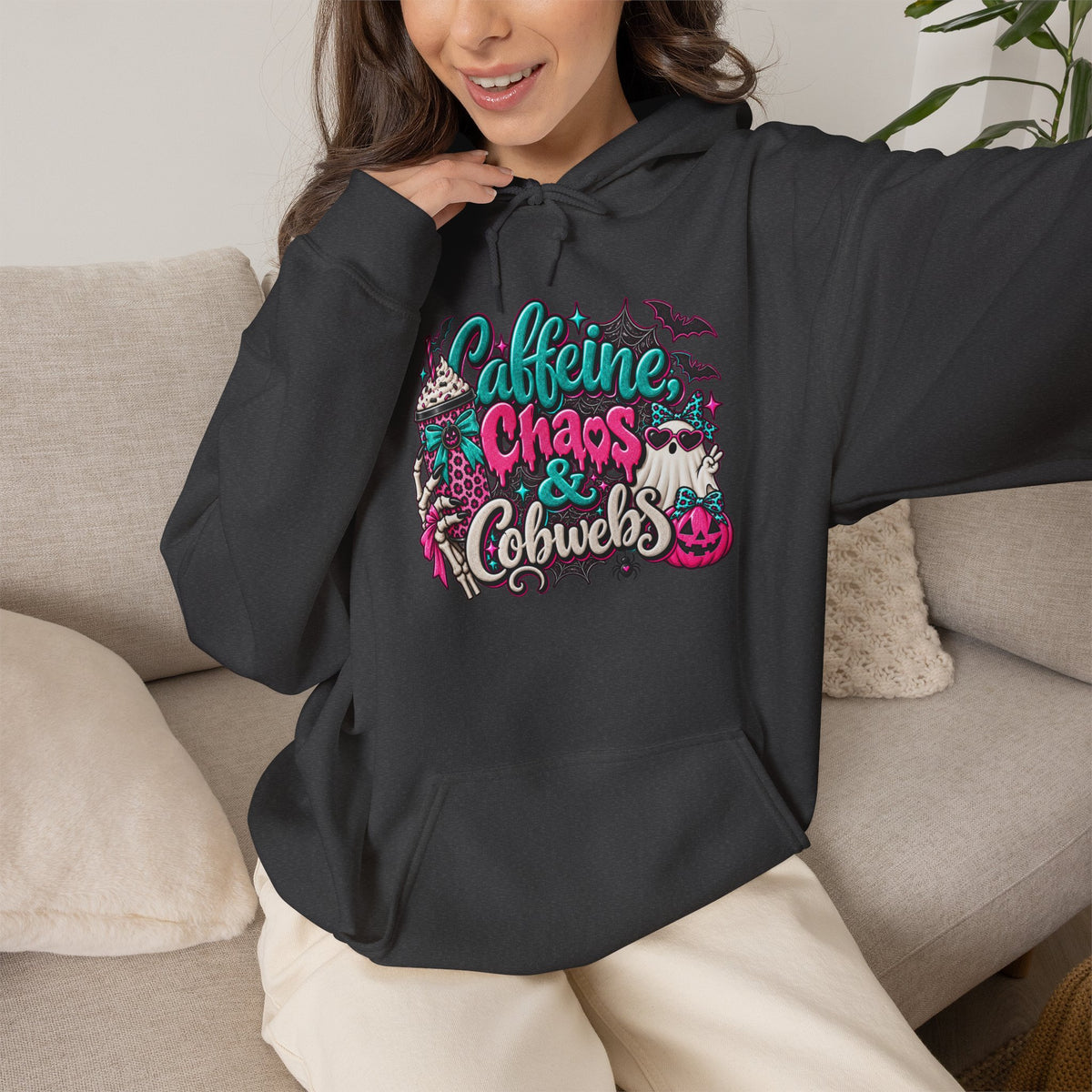 Caffeine Chaos & Cowbells Hoodie | Funny Cow Print Western Sweatshirt