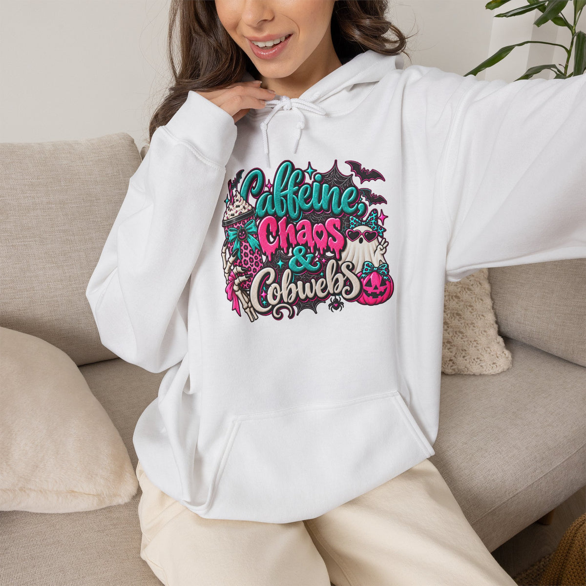 Caffeine Chaos & Cowbells Hoodie | Funny Cow Print Western Sweatshirt