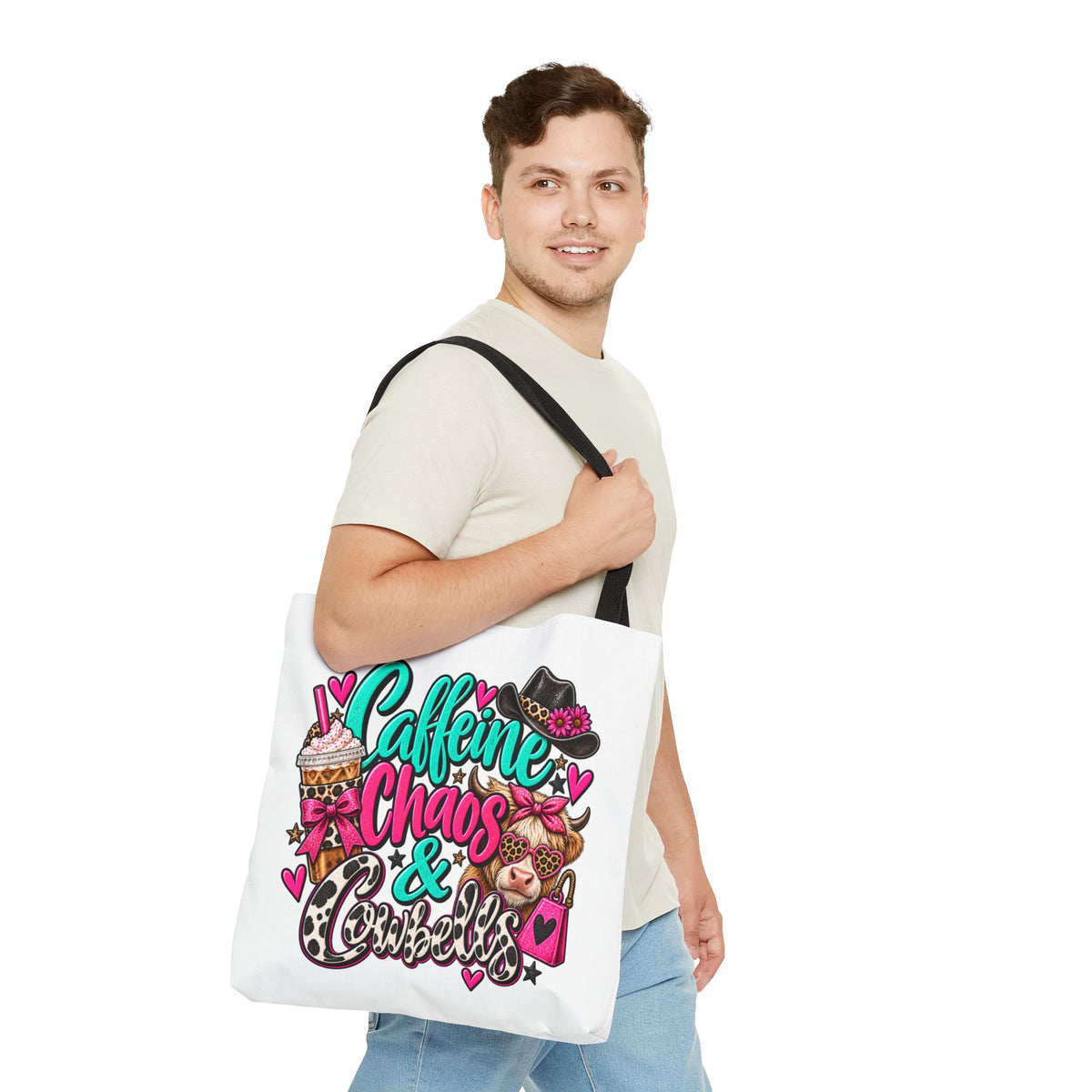 Caffeine Chaos & Cowbells Tote Bag | Funny Western Cow Print Bag