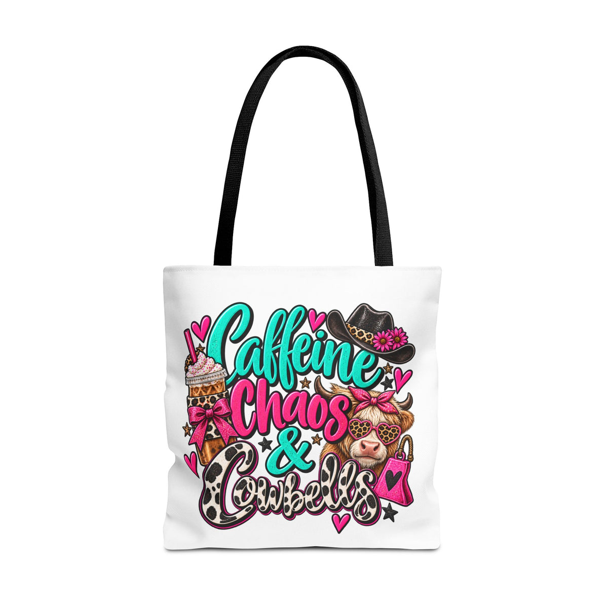 Caffeine Chaos & Cowbells Tote Bag | Funny Western Cow Print Bag