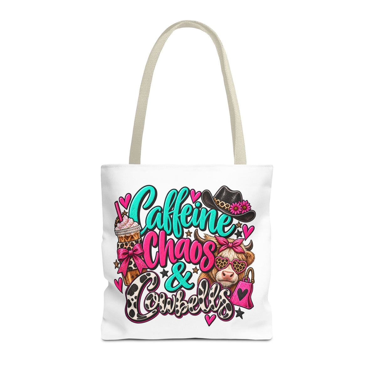 Caffeine Chaos & Cowbells Tote Bag | Funny Western Cow Print Bag