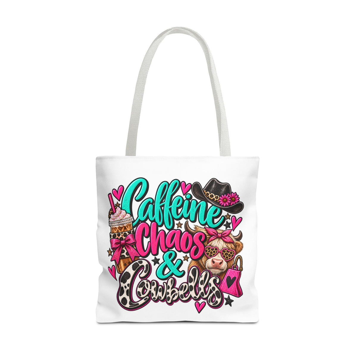 Caffeine Chaos & Cowbells Tote Bag | Funny Western Cow Print Bag