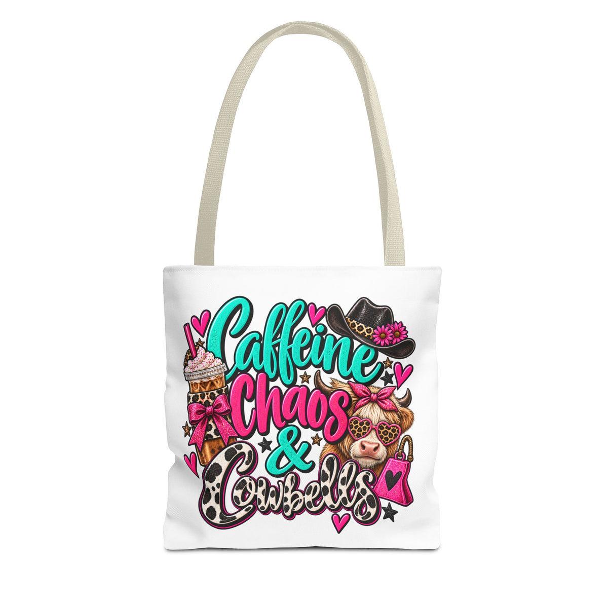 Caffeine Chaos & Cowbells Tote Bag | Funny Western Cow Print Bag
