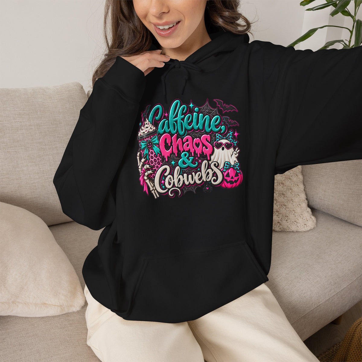 Caffeine Chaos & Cowbells Hoodie | Funny Cow Print Western Sweatshirt