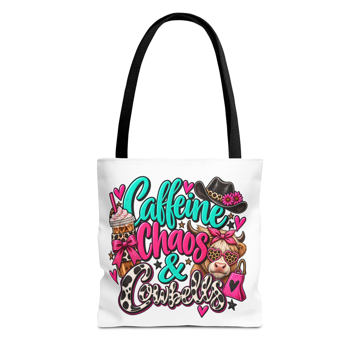 Caffeine Chaos & Cowbells Tote Bag | Funny Western Cow Print Bag
