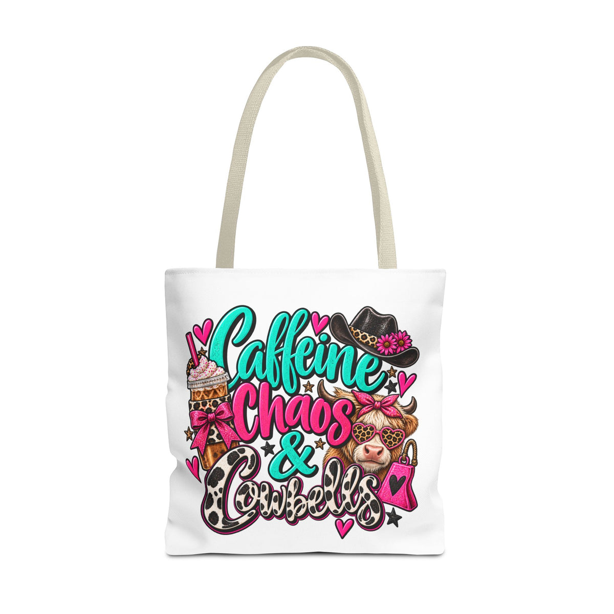 Caffeine Chaos & Cowbells Tote Bag | Funny Western Cow Print Bag
