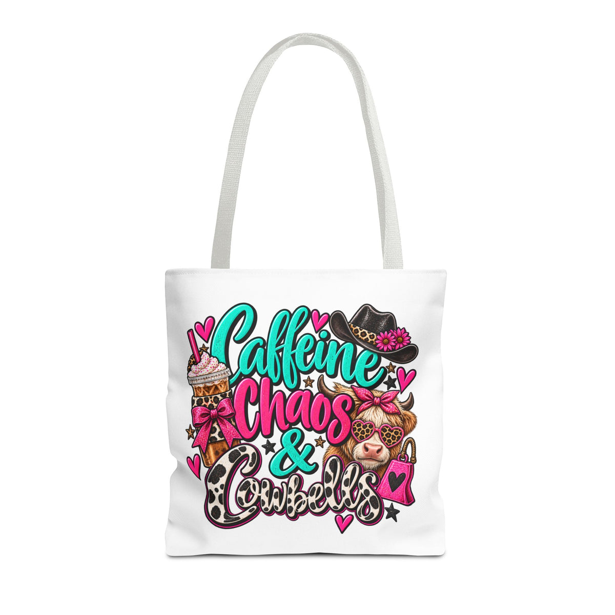 Caffeine Chaos & Cowbells Tote Bag | Funny Western Cow Print Bag
