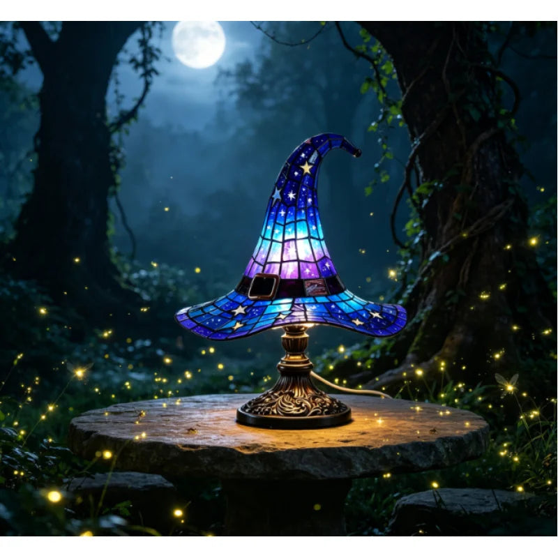 Stained Glass Witch Hat Lamp | Cozy Halloween LED Decor