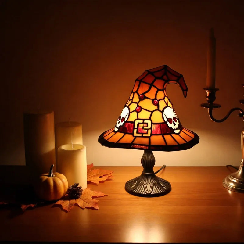 Stained Glass Witch Hat Lamp | Cozy Halloween LED Decor
