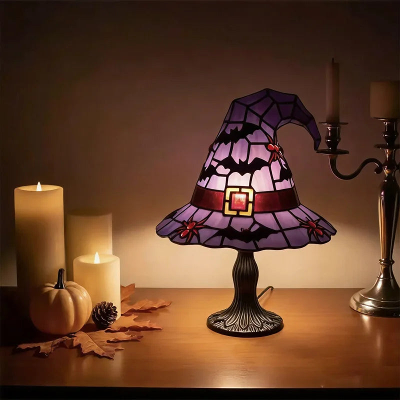 Stained Glass Witch Hat Lamp | Cozy Halloween LED Decor