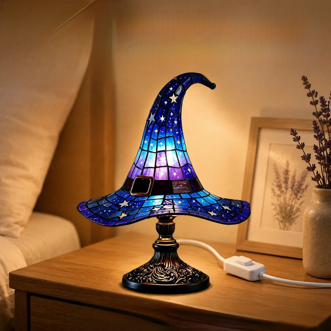 Stained Glass Witch Hat Lamp | Cozy Halloween LED Decor