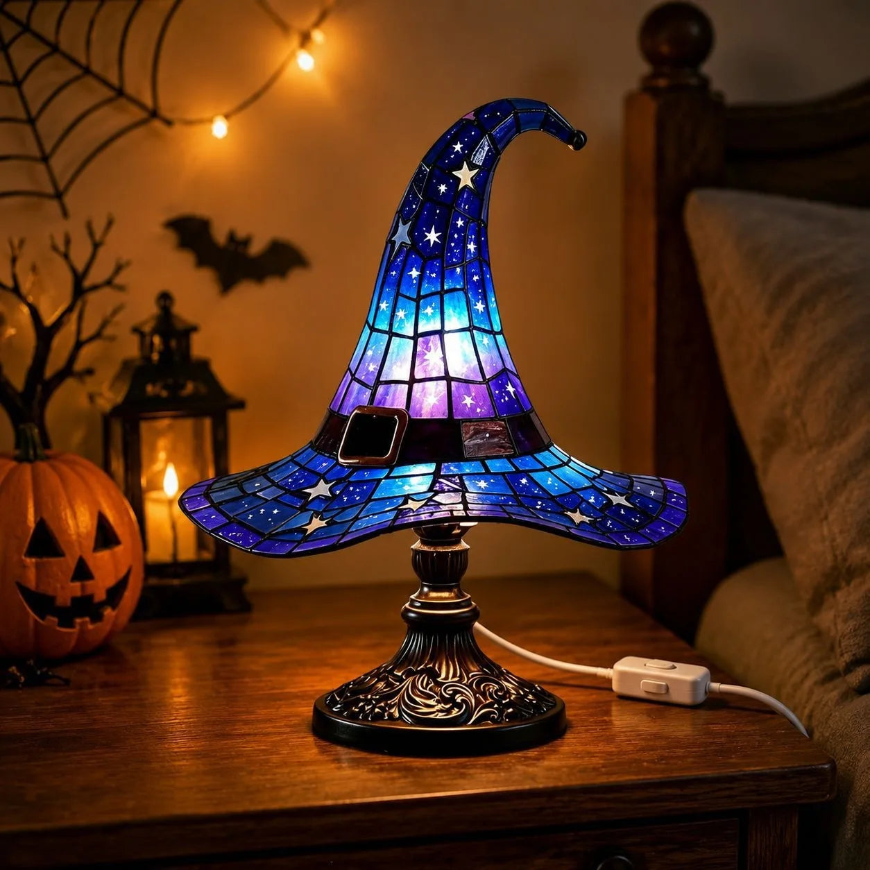 Stained Glass Witch Hat Lamp | Cozy Halloween LED Decor