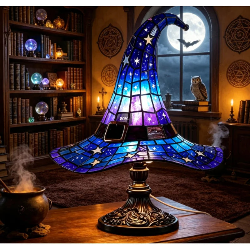 Stained Glass Witch Hat Lamp | Cozy Halloween LED Decor