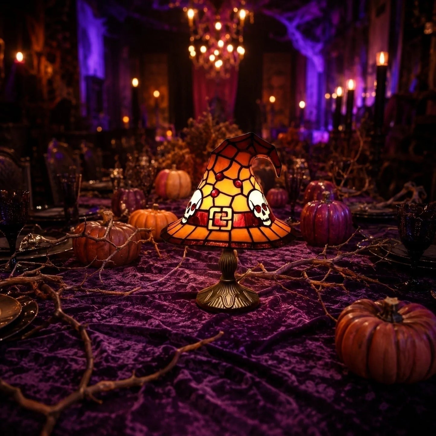 Stained Glass Witch Hat Lamp | Cozy Halloween LED Decor
