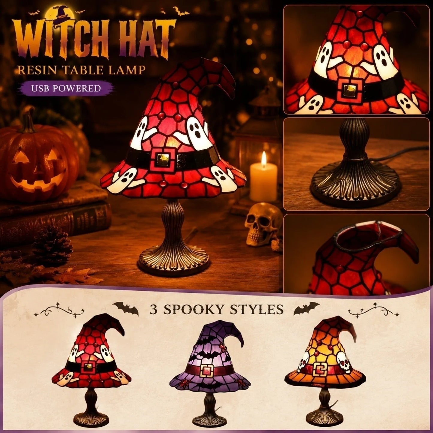 Stained Glass Witch Hat Lamp | Cozy Halloween LED Decor