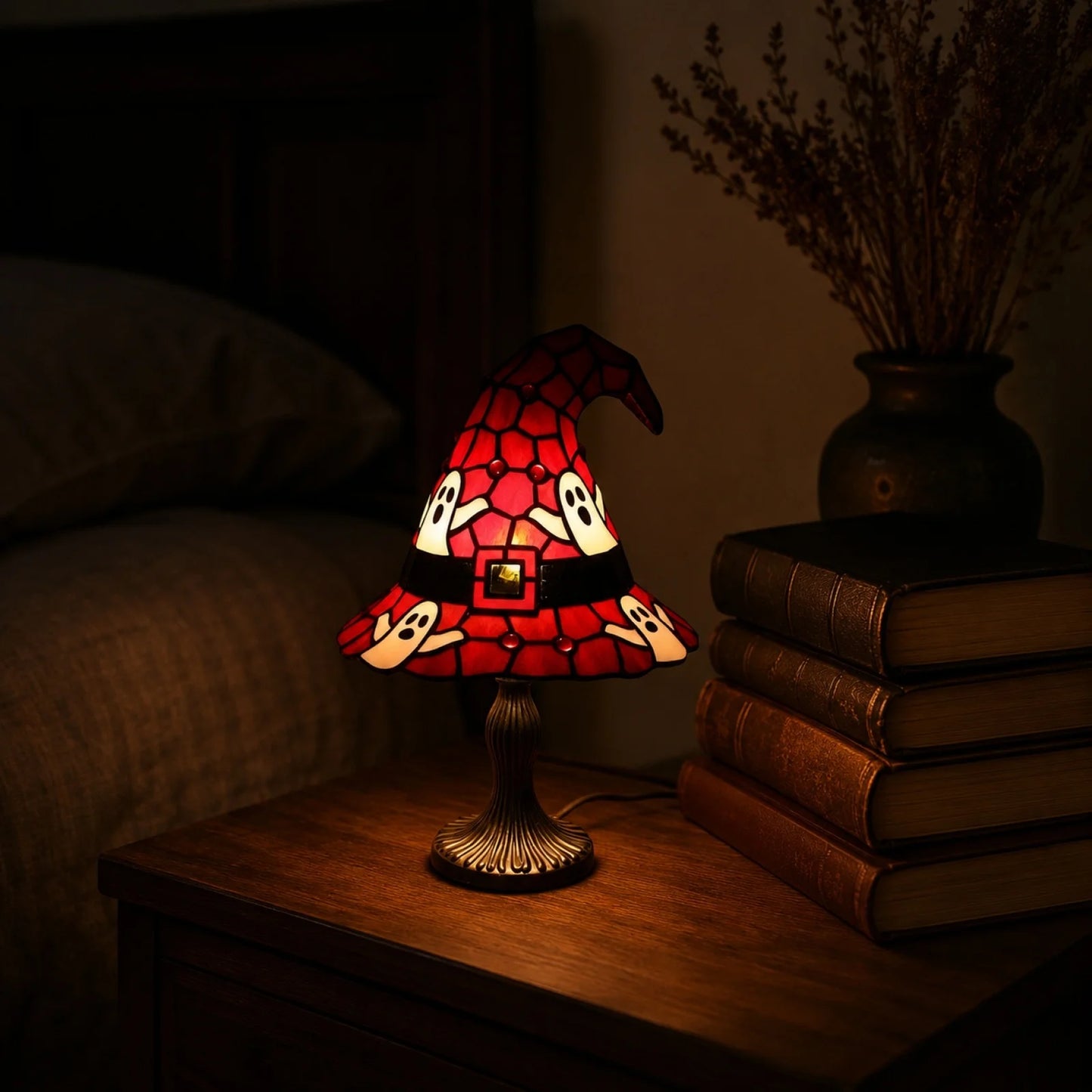 Stained Glass Witch Hat Lamp | Cozy Halloween LED Decor