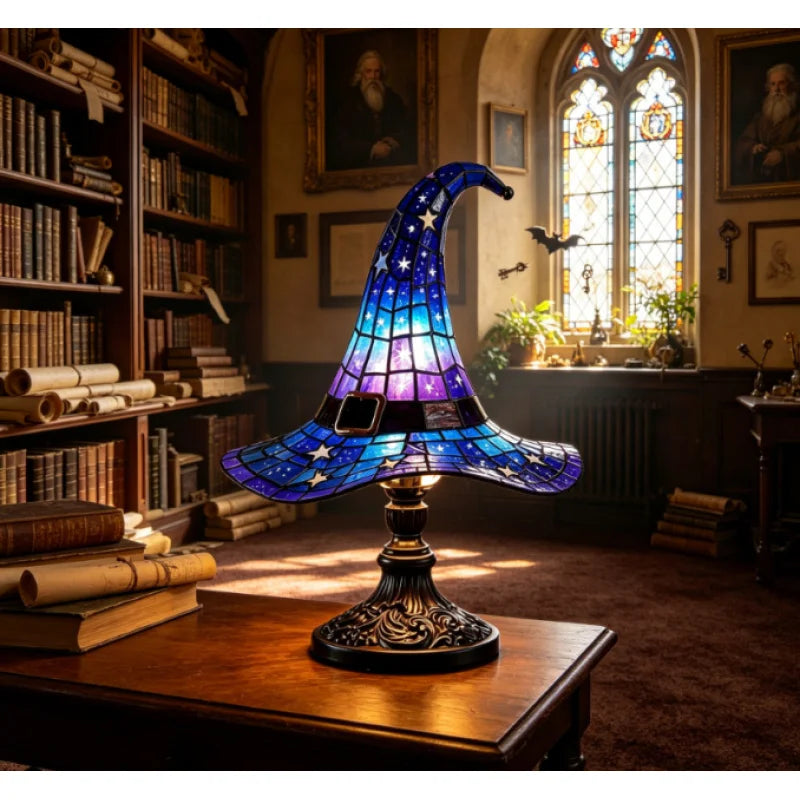 Stained Glass Witch Hat Lamp | Cozy Halloween LED Decor