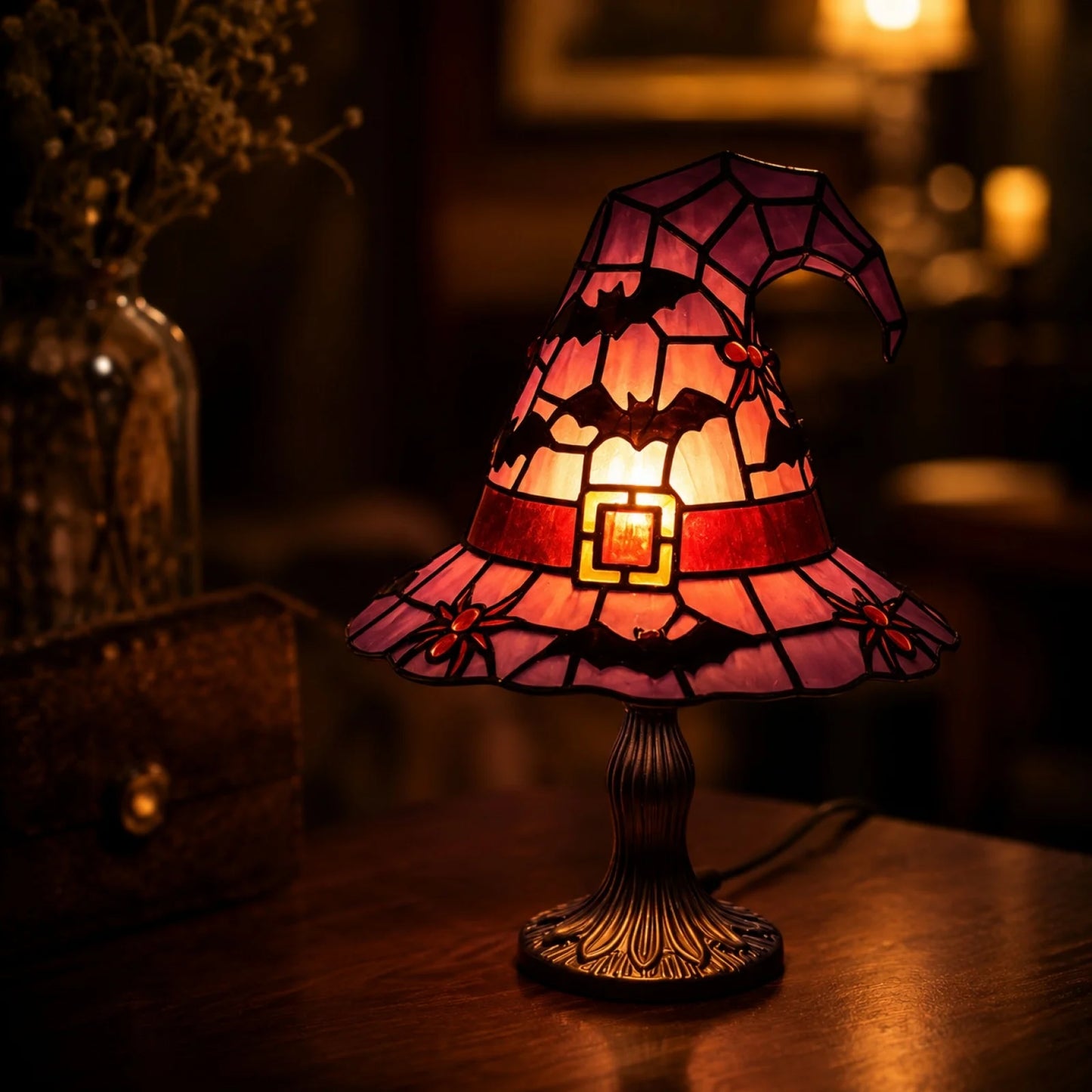 Stained Glass Witch Hat Lamp | Cozy Halloween LED Decor